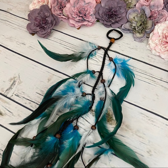 Boho Blue and White Long Feather Elastic Hair Tie - Picture 6 of 14